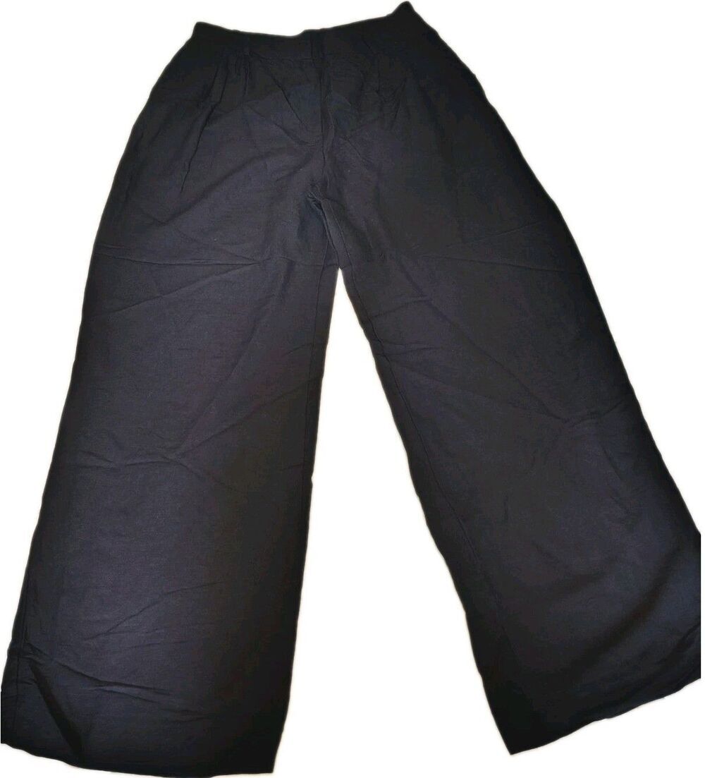 ZARA Womens Small Dark Navy Blue Linen Viscose Blend Wide Leg Pleated Pants...